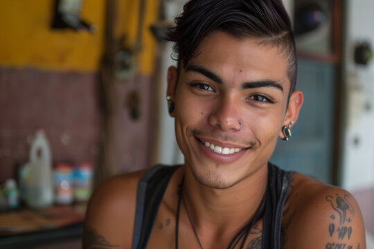 Transsexual man, latina person with female-to-male gender transition at a gay pride bar