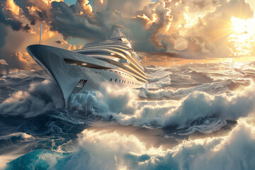 Luxury cruise ship in the sea with storm and dramatic clouds at sunset