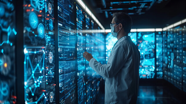 A man in a lab coat is looking at a computer screen with a lot of data on it. Doctor working with AI 