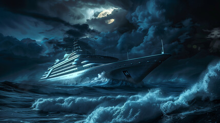 Luxury cruise ship in the sea with storm and dramatic clouds at night - obrazy, fototapety, plakaty