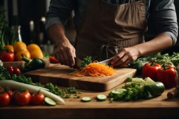 chef hands cutting organic fresh vegetables in kitchen