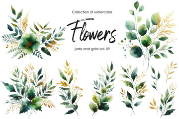 set of watercolor flowers and leaves on white background. hand painted flowers, gold and jade flowers witn leaves. wedding invitation, card, greeting card or invitation. vector collection - obrazy, fototapety, plakaty