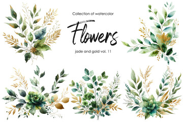 Fototapeta na wymiar set of watercolor flowers and leaves on white background. hand painted flowers, gold and jade flowers witn leaves. wedding invitation, card, greeting card or invitation. vector collection