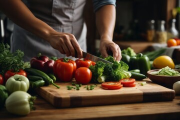 Obraz na płótnie Canvas chef hands cutting organic fresh vegetables in kitchen