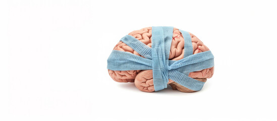 Human Brain with Blue Bandage on White Seamless Background. Representing Mental Health, Concussion, & Brain Damage. Room for Copy & Text