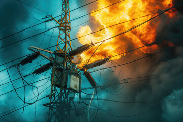 Fire began at an electric power plant following an explosion accident AI Generative