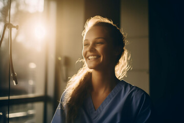 sunlight falling on face of happy nurse in hospital - obrazy, fototapety, plakaty
