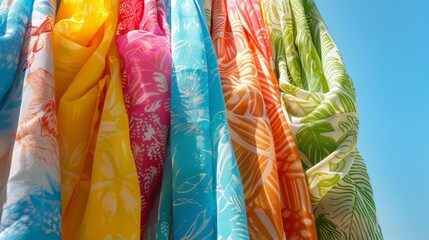 Closeup of a collection of beach sarongs, their tropical prints bursting with color against a backdrop of clear blue sky - obrazy, fototapety, plakaty