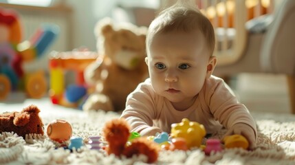 Fototapeta premium a cute little tiny baby child playing with toys in a play room at home. sitting and laying on carpet under parents attention. wallpaper background