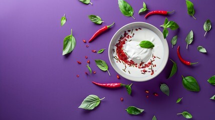 Levitating chili, basil, and coconut milk, against a bold purple backdrop, dynamic contrast, essence of Thai cuisine