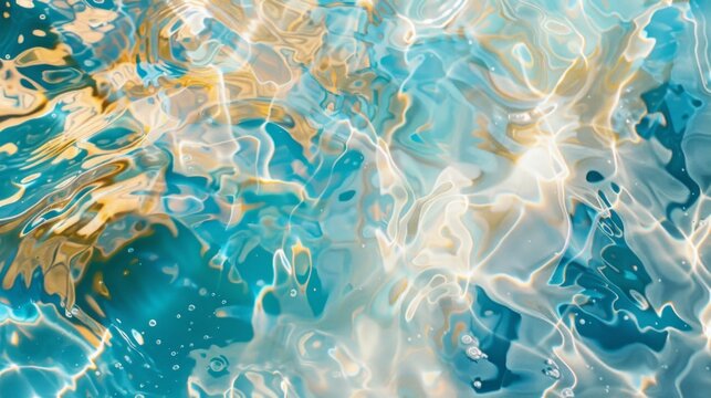 Calm clear ocean water texture background. Abstract close-up of water flowing, rippling, reflecting. White, blue and gold color scheme. Elegant tropical summer vacation wallpaper concept. 