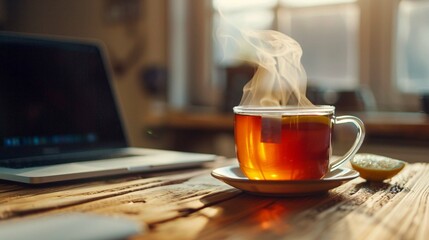  A close-up photo of a steaming mug of tea on a wooden table 