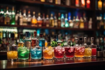 Fototapeta premium alcoholic drinks and colorful cocktails on bar table with alcohol bottles on the shelves in the background
