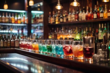 alcoholic drinks and colorful cocktails on bar table with alcohol bottles on the shelves in the...