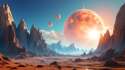 A view of a brilliant sun and mountains with amazing rock formations from an alien world - obrazy, fototapety, plakaty