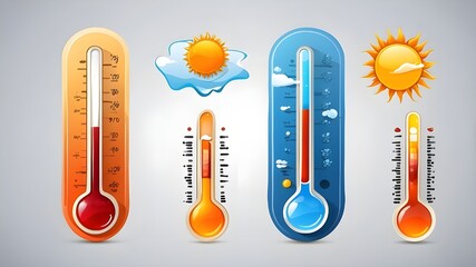 Icons for thermometers. A thermometer including a sun and a snowfall, as well as icons for heat and cold. Vector icons - obrazy, fototapety, plakaty