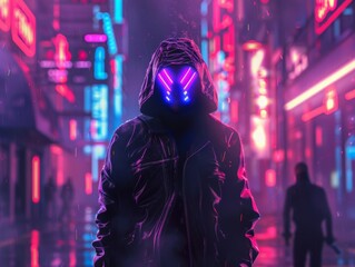 Neon Sentinel: A lone figure in a futuristic city, illuminated by vibrant neon lights and a glowing mask, emanates an aura of mystery and intrigue. 