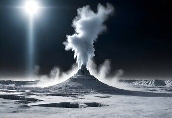 A misty, dreamlike scene of frozen geysers erupting from Europa's icy crust, creating a beautiful...