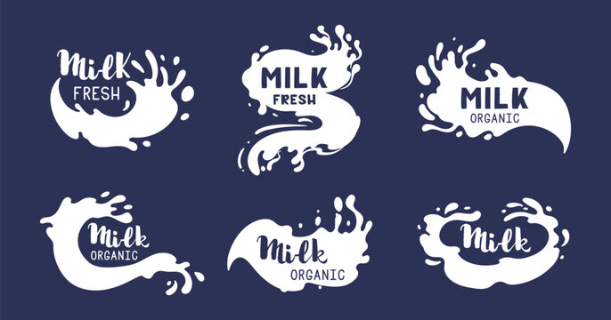 Dairy product splash labels. Cartoon milky splash logo, cow or goat milk with lettering, milk flow stamps flat vector illustration set. Milk splash labels
