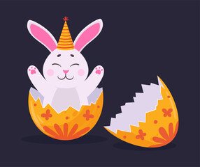 Cute bunny in egg shell. Cartoon Easter rabbit peeking out of eggshell, traditional Easter hare flat vector illustration. Easter spring holiday little bunny