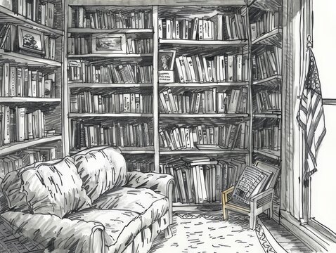 Cozy Library Nook: A hand-drawn illustration of a cozy and inviting library nook. A large bookshelf filled with books lines one wall, while a comfortable couch and an armchair 