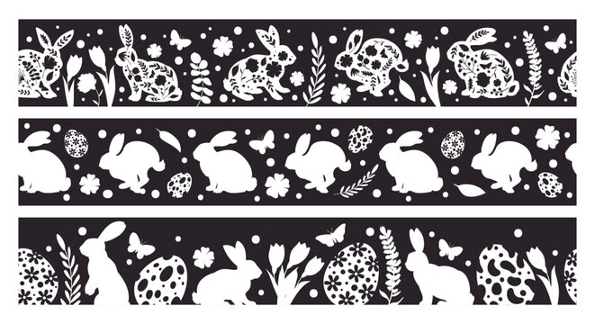 Easter rabbits dividers. Cute bunny seamless frame borders with Easter eggs and flowers, little bunny borders flat vector illustration set. Easter holiday borders