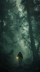 Person with lantern in the middle of misty deep forest