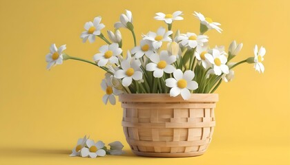 Naklejka na ściany i meble White flowers in wooden basket on yellow spring background 3D Rendering