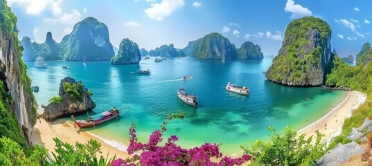 Serenity of ha long bay  unesco site with limestone islands, emerald waters, and boats in vietnam - obrazy, fototapety, plakaty