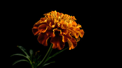 close up of a single blooming orange marigold flower on a black background
 - Powered by Adobe
