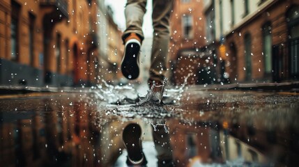 Rushing through the rain: A close-up photo of a person's feet splashing in a puddle while running, with the reflection of blurred buildings and raindrops in the background. 