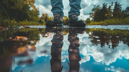 Reflection of nature: A close-up photo of a person standing in a puddle with a reflection of trees and clouds in the background. This image would show a connection between the person and nature. - Powered by Adobe