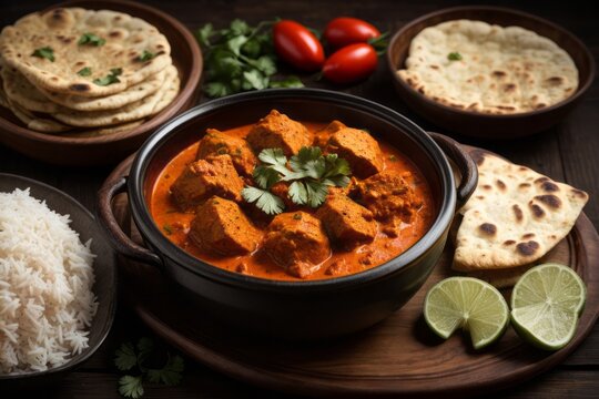 Traditional indian dish chicken tikka masala with spicy curry meat in bowl, basmati rice and naan bread on a wooden table