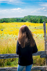 Jeune fille regardant champ de tournesol