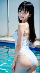 青空のプールサイドで笑顔の水着を着た若い女性