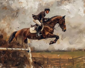 Obraz premium Horse and Rider in Motion: A powerful painting of a horse and rider leaping over a hurdle, capturing the raw energy and grace of equestrian sport