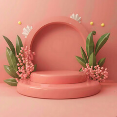3d empty rounded coral pink color podium. 3D Stage for Cosmetic Product Showcase: Premium Podium Mockup for Product Launches and Displays. Mockup, Pedestal, and Platform. Studio Room