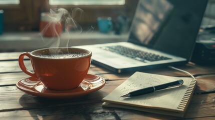 Notebook and pen instead of laptop: A close-up photo of a steaming cup of coffee on a wooden table with a notebook and pen beside it. The notebook could be open, showing handwritten notes or sketches. - Powered by Adobe