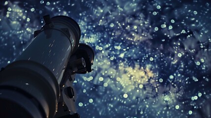 The eyepiece of the telescope and the person's eye would be visible in the foreground, with a smattering of bright stars visible in the dark background. - obrazy, fototapety, plakaty