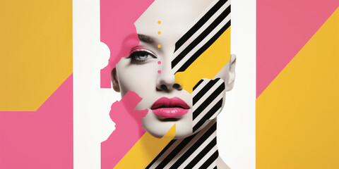 Fashion collage model's face with pink and yellow geometric shapes. Minimalist beauty portrait with bold makeup