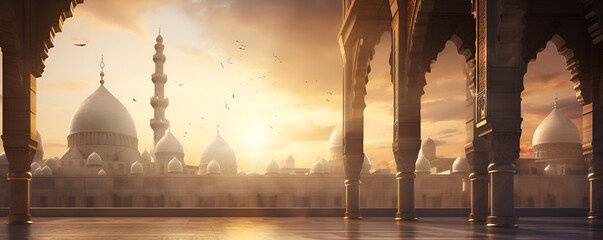 Beautiful Shiny Mosque and Ramadan Islamic Culture Icon Illuminated by Sunlight Generative AI
