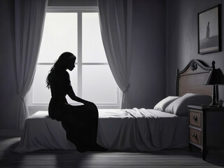woman in an abusive relationship, sitting on the bed