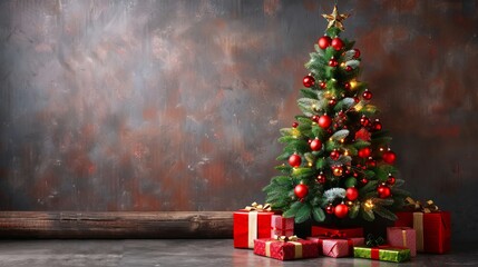 Christmas tree and gifts against dark gray wall with bokeh lightscopy space available