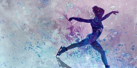 Grace on Ice: A figure skater glides across the ice, her silhouette a striking contrast against the vibrant, abstract background. The scene evokes a sense of artistry, strength, and effortless beauty.