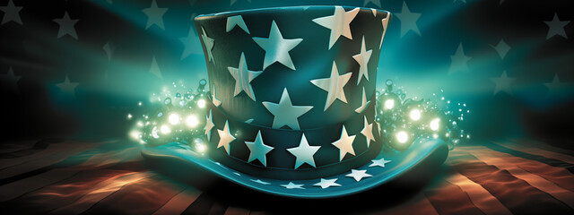 Sparkling Starry Top Hat on Wavy American Flag Background - obrazy, fototapety, plakaty