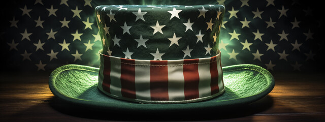 Patriotic Top Hat with American Flag Design on Wooden Background - obrazy, fototapety, plakaty