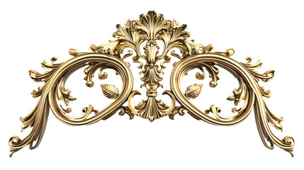 3D render of vintage gold baroque frame scroll, gold ornament on transparent background
