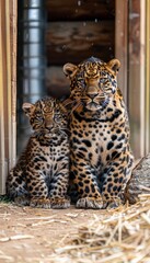 Portrait of male panther and cub with empty space on the left for text, object on the right side © Ilja