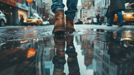 The reflection of the person's legs and blurred shapes of people walking by would be visible in the water. - obrazy, fototapety, plakaty