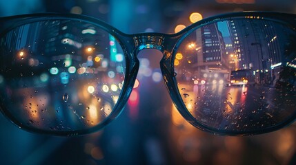 Foggy glasses reflecting a city street at night 